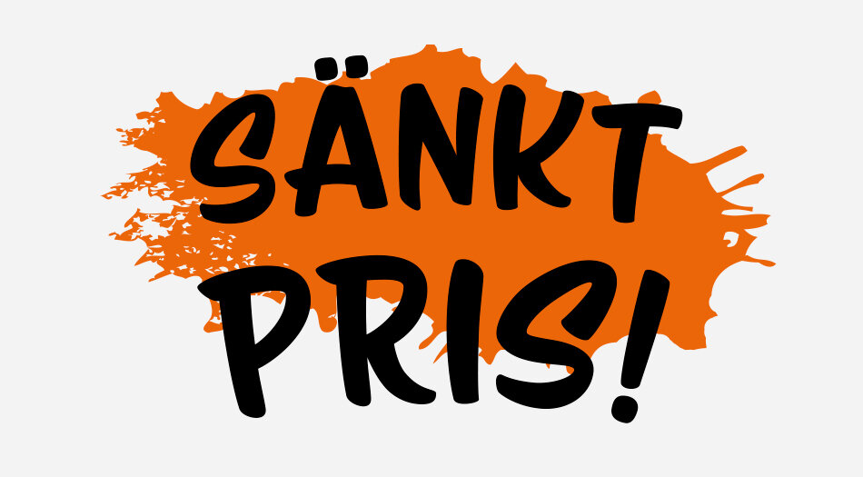 Illustration med orange bakgrund och svart text med texten Sänkt pris!