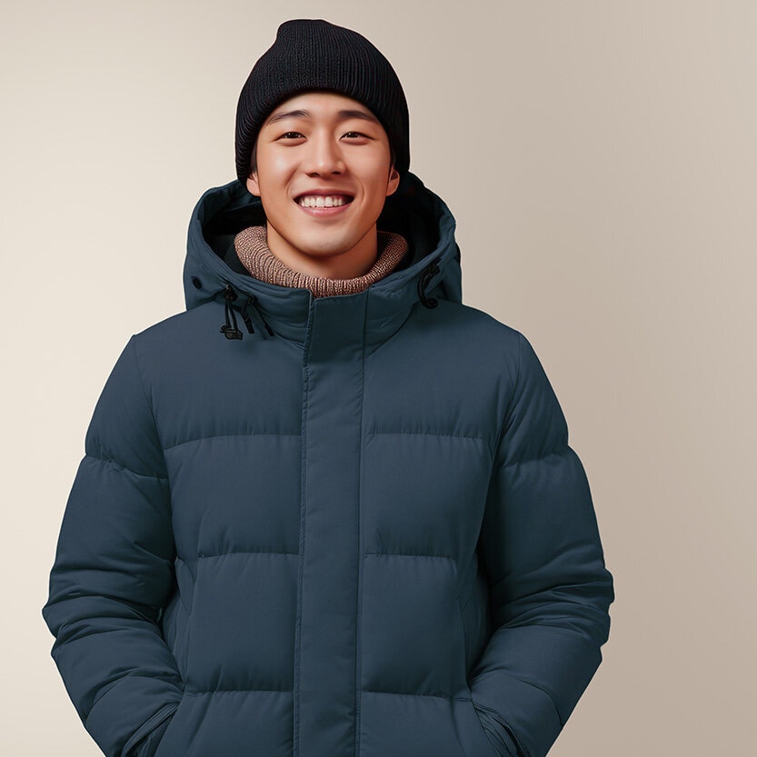 Glad man med blå jacka och svart mössa